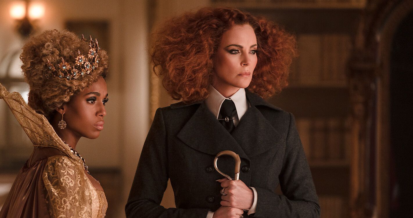 Kerry Washington as Professor Dovey (L), Charlize Theron as Lady Lesso (R) in The School for Good and Evil.