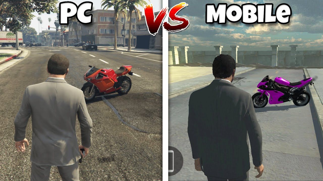 Ilustrasi perbedaan memainkan GTA 5 PC dan Portable melalui HP Android