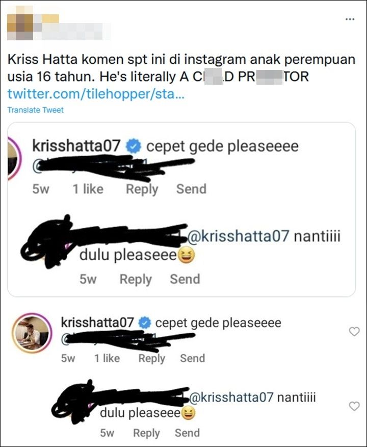 Pacari Pesinetron Dibawah Umur, Komentar Kriss Hatta di Instagram Anak 16 Tahun Kembali Diungkit