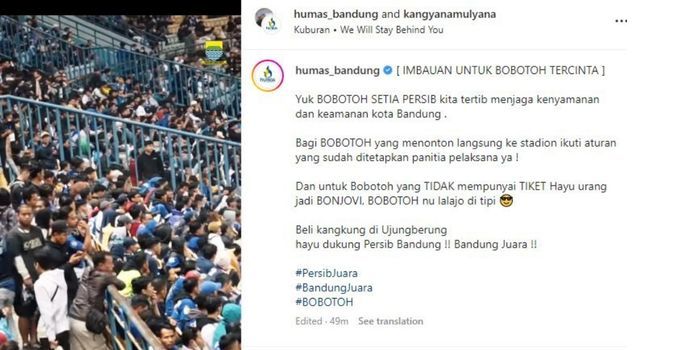 Wali Kota Bandung, Yana Mulyana memberikan imbauan pada bobotoh jelang Persib vs Persija di BRI Liga 1.