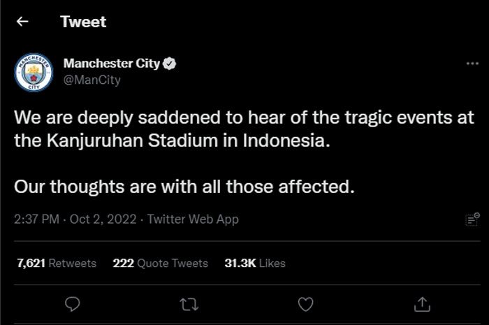 Cuitan belasungkawa akun Twitter resmi Manchester City atas tragedi Kanjuruhan.
