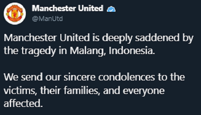 Cuitan ucapan belasungkawa Manchester United atau MU atas tragedi Kanjuruhan yang menyebabkan ratusan Aremania meninggal
