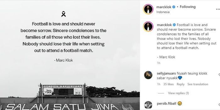 Gelandang Persib, Marc Klok menyampaikan belasungkawa untuk korban Tragedi Stadion Kanjuruhan.