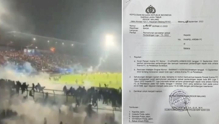 Kepolisian surati panpel Arema FC sebelum tragedi Stadion Kanjuruhan tewaskan ratusan nyawa.