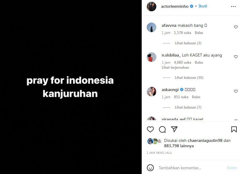 Aktor Lee Min Ho Ikut Berduka atas Tragedi di Stadion Kanjuruhan, Netizen Indonesia Beri Apresiasi. 