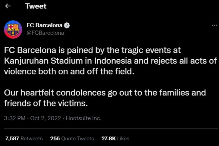 Cuitan akun Twitter resmi Barcelona yang menyampaikan belasungkawa tragedi Kanjuruhan.