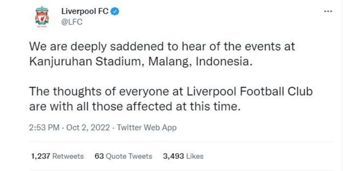 Liverpool FC sampaikan belasungkawa atas Tragedi Stadion Kanjuruhan, Malang usai Arema vs Persebaya.
