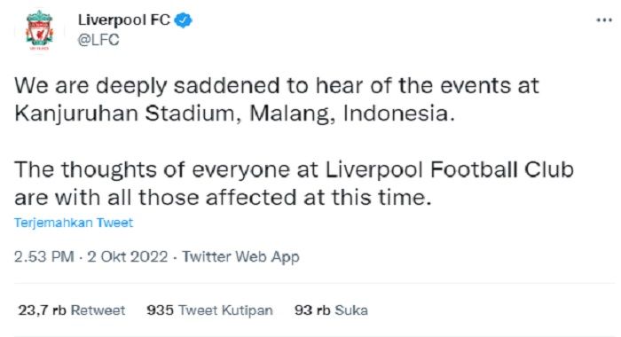 Klub Liverpool turut mengirimkan doa terbaik bagi para korban tragedi Kanjuruhan.