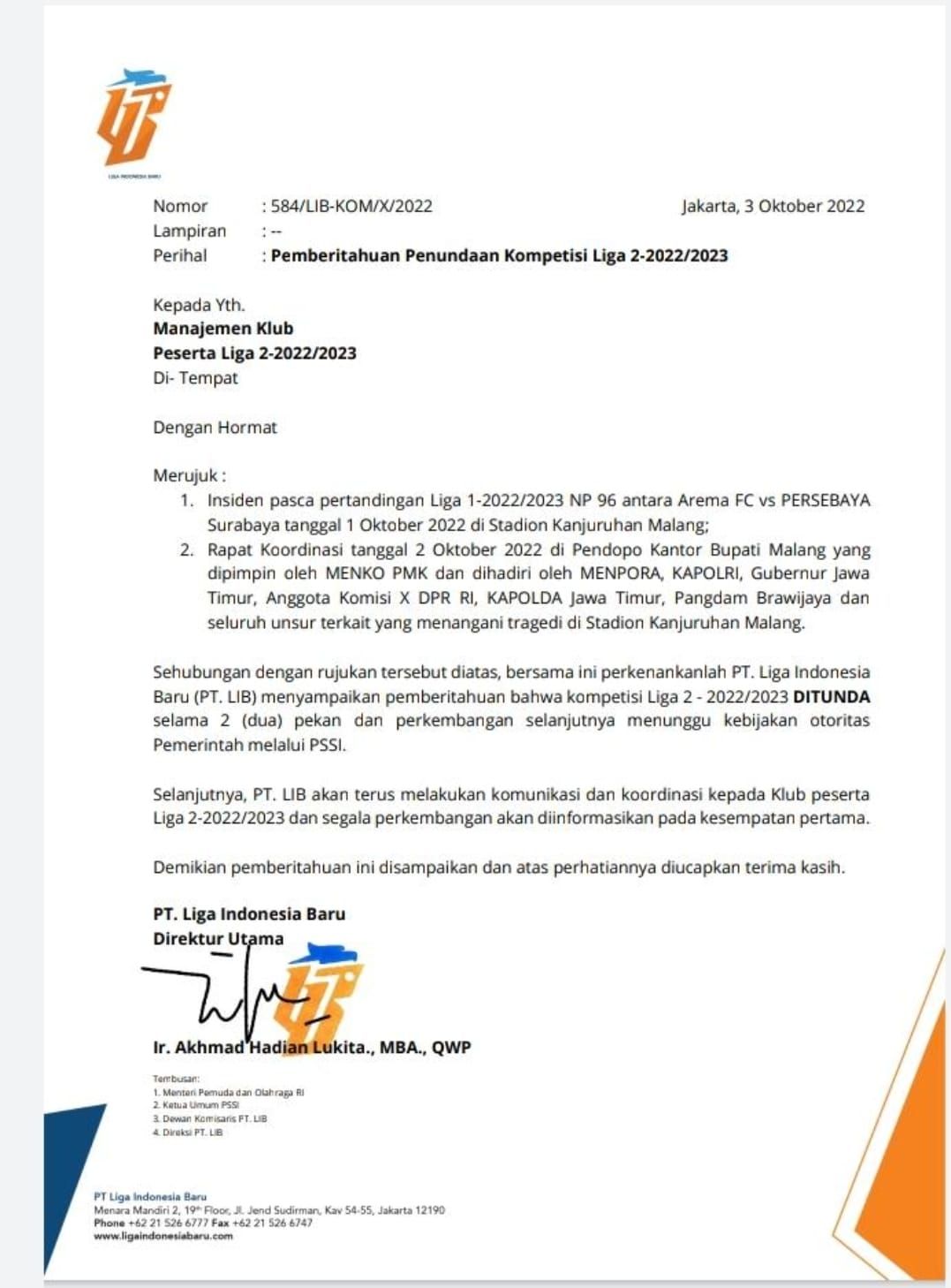 Surat resmi PT LIB tentang penundaan Liga 2 selama dua pekan karena duka Tragedi Kanjuruhan.