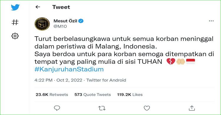 Ucapan Bela Sungkawa Mesut Ozil di Twitter atas tragedi di Stadion Kanjuruhan yang sebabkan ratusan korban jiwa