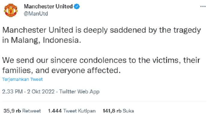 Manchester United turut berduka cita teramat sangat atas tragedi di Malang, Indonesia