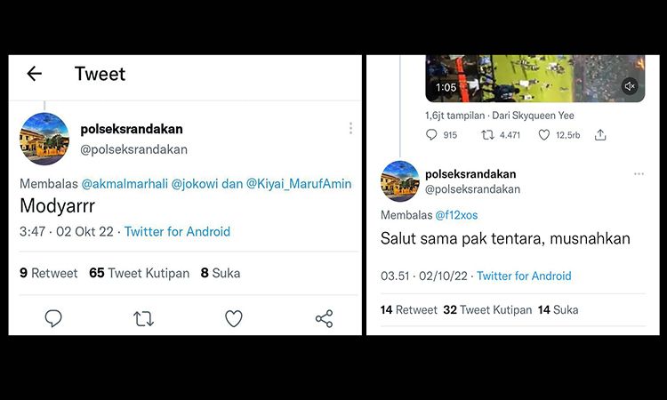 Akun Twitter @polseksrandakan ramai dibicarakan netizen usai membuat cuitan dengan kata-kata kasar saat mengomentari tragedi Kanjuruhan, Malang, Jawa Timur. 
