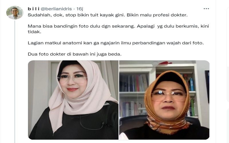 Cuitan Berlian Idris yang membandingkan foto Dokter Tifa. Tangkapan layar Twitter @berlianidris.