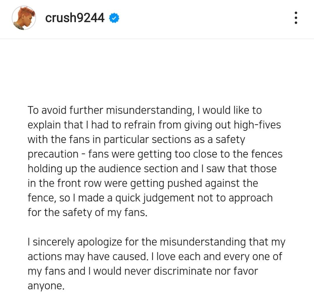 Permintaan maaf Crush atas kontroversi diskriminasi penggemar kulit hitam/Instagram/@crush9244