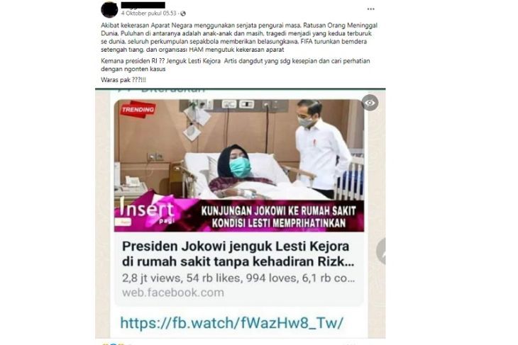Tangkapan layar informasi yang menyebutkan Lesti dijenguk Jokowi
