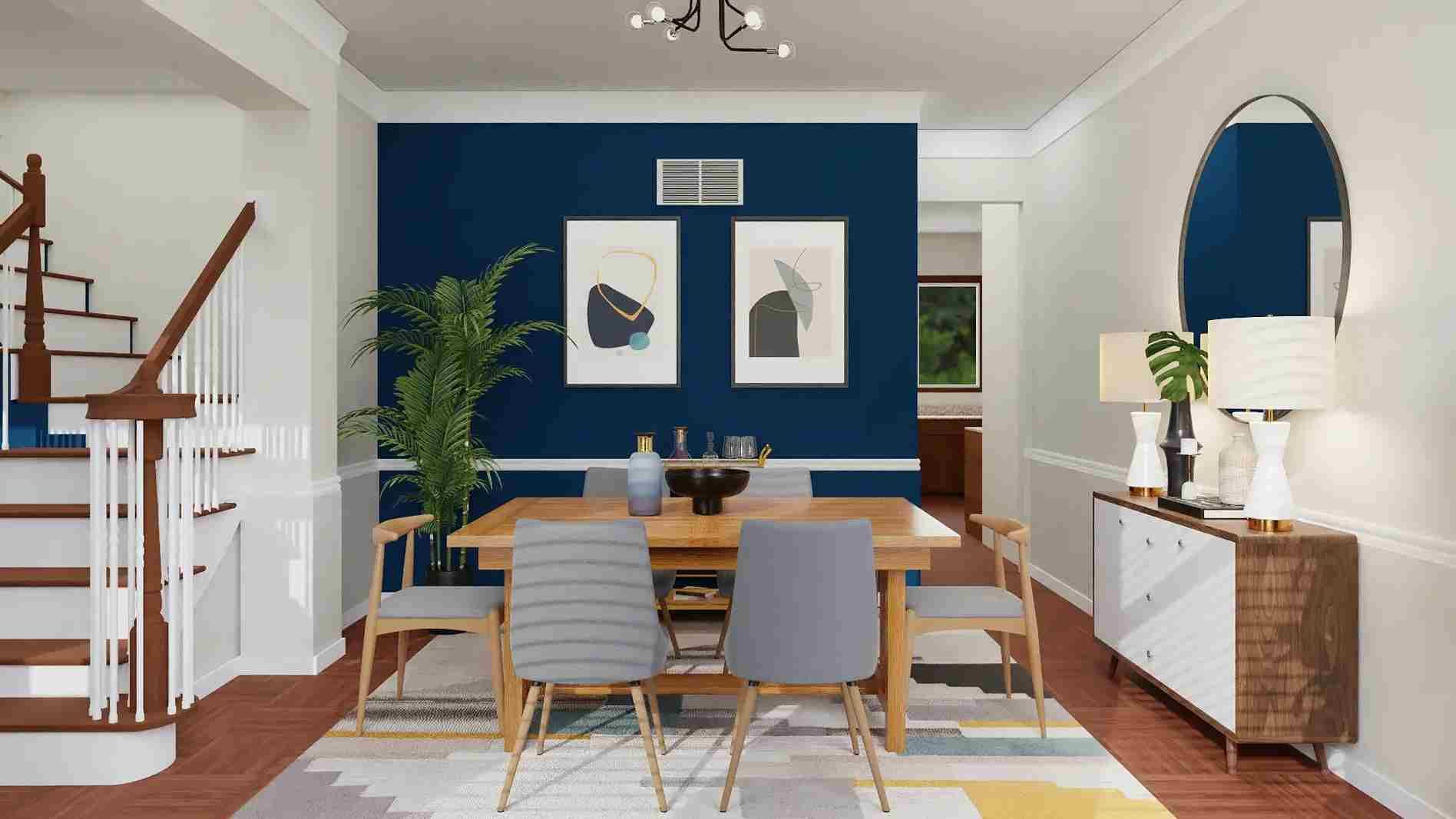 Desain ruang makan warna biru/Spacejoy