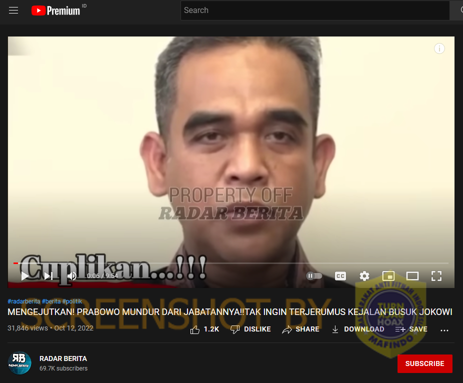 HOAKS - Beredar sebuah video di YouTube RADAR BERITA yang menyebut jika Prabowo Subianto mundur dari jabatannya.*