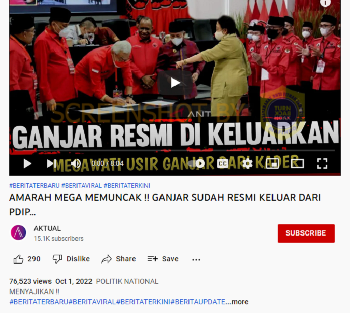 HOAKS - Beredar sebuah video yang menyebut jika Ganjar Pranowo keluar dari PDIP karena amarah Megawati.*