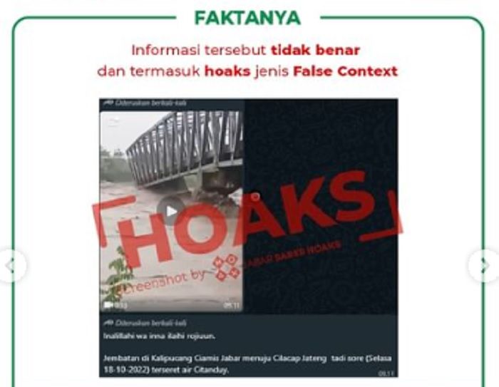 HOAKS - Beredar bideo di WhatsApp yang menyebut jika jembatan Kalipucang Pangandaran roboh akibat diterjang Air Citanduy.*