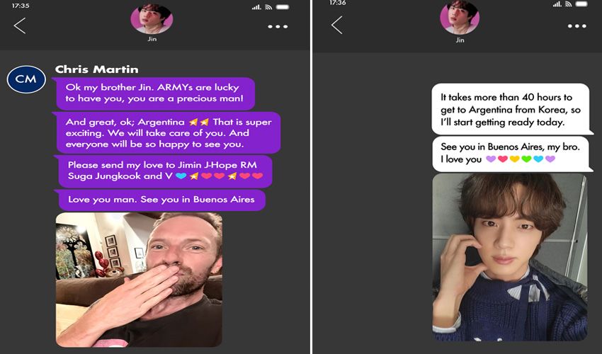 Chris Martin meminta Jin secara langsung untuk menyanyikan The Astronaut pada konser Coldplay di Argentina/Twitter @bts_bighit