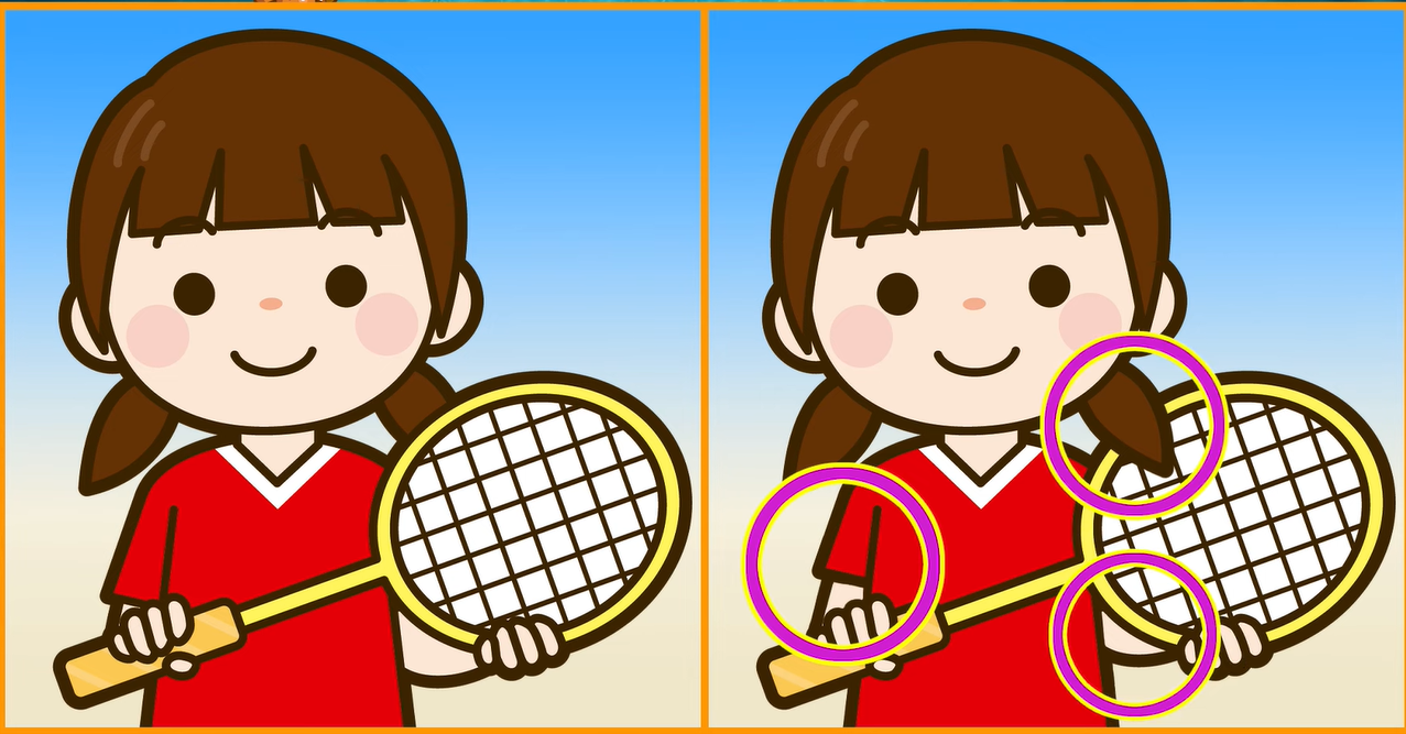 Jawaban tes IQ dalam menemukan perbedaan pada gambar gadis pemain badminton. 