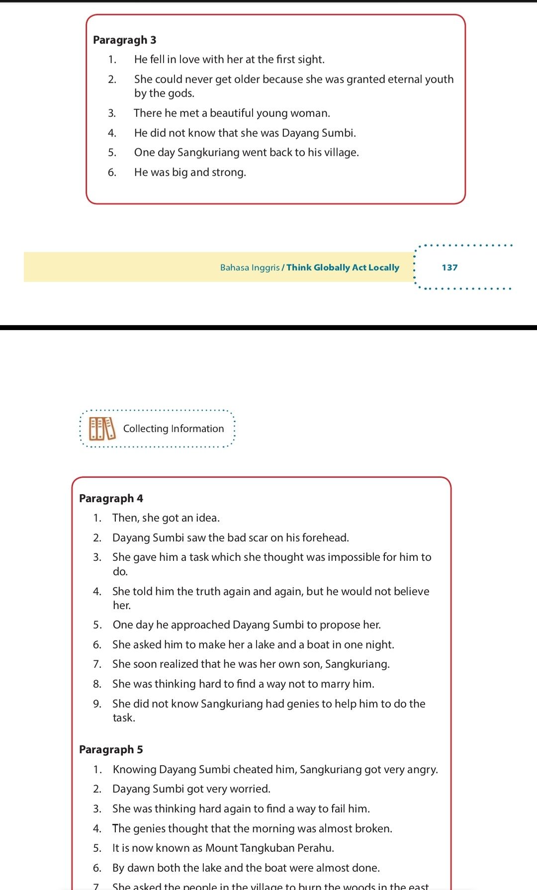 Kunci Jawaban Bahasa Inggris Kelas 9 Halaman 137 138 Cerita Sangkuriang dan artinya.*