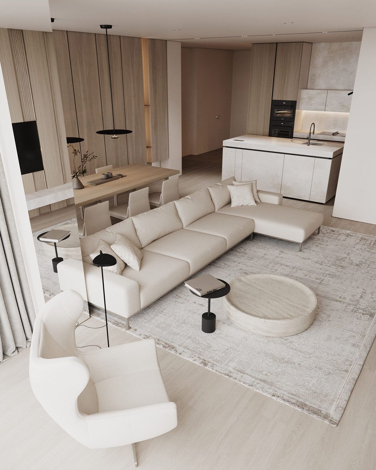 Desain ruang tamu yang tenang dengan fokus pada penyelesaian/Home Designing