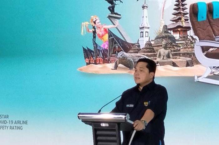 Menteri BUMN Erick Thohir dalam pembukaan Garuda Indonesia Travel Fair di ICE BSD, Tangerang pada Jumat, 28 Oktober 2022. Ia berharap pembangunan Bakauheni Harbour City sebagai kawasan wisata baru di Lampung dapat selesai tahun depan.