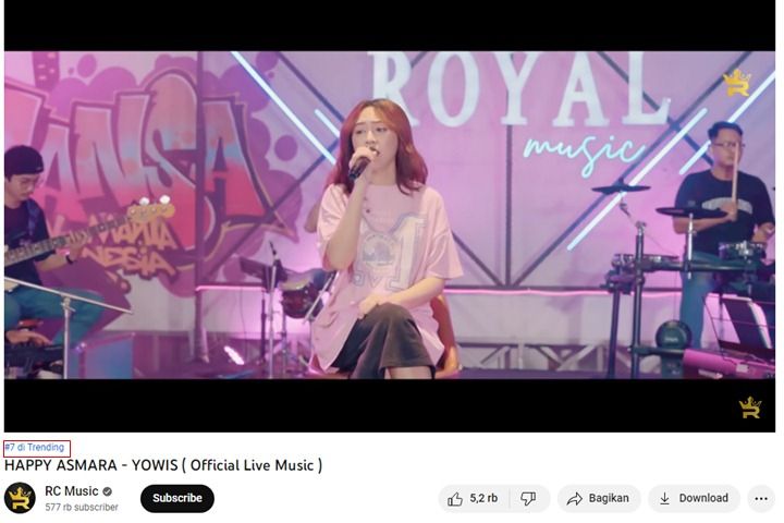 Happy Asmara 'Yowis' Trending di YouTube, Official Live Musik Sudah Ditonton Hampir 200 Ribu Kali