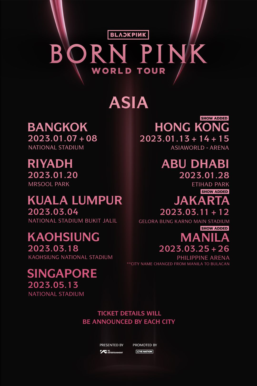 Jadwal dan lokasi BORN PINK World Tour di wilayah Asia.