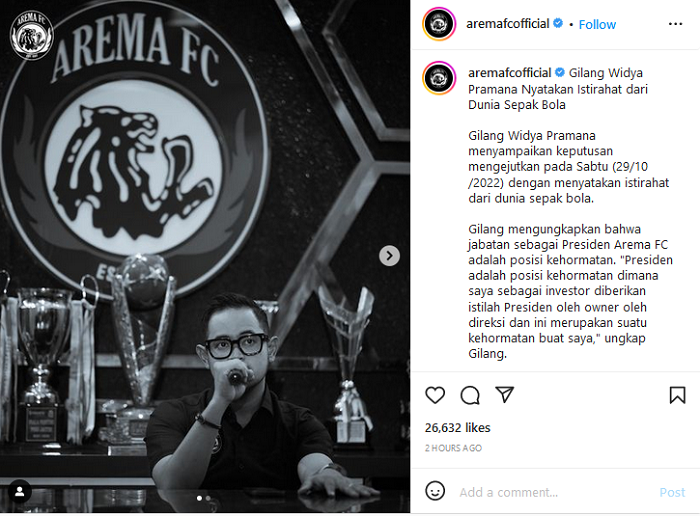 Tangkapan layar unggahan akun resmi Arema FC.