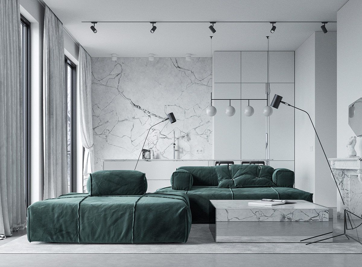 Desain ruang tamu dengan interior marmer putih/Home Designing