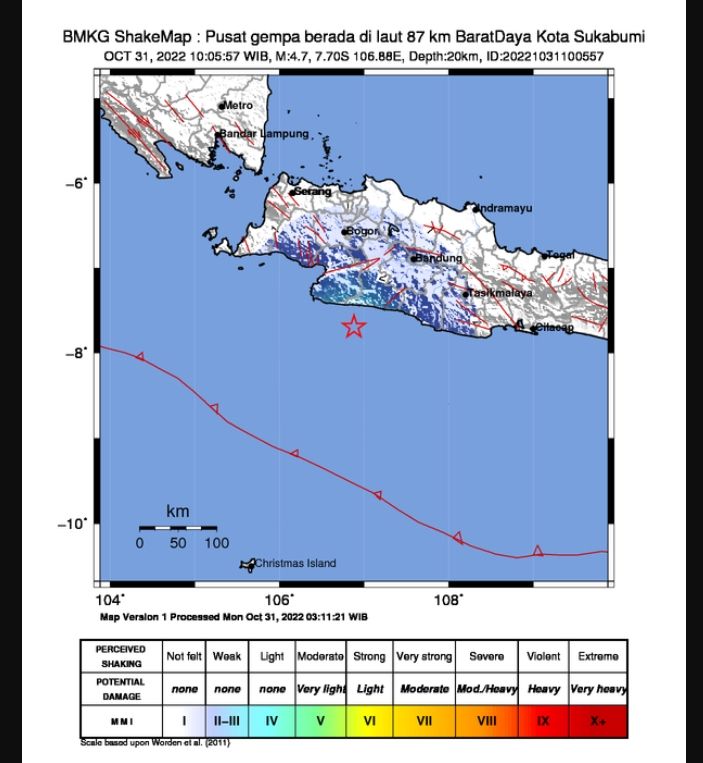 Gempa Terkini Bandung, Pusat di 87 Km Barat Daya Kota Sukabumi (31/10/2022)