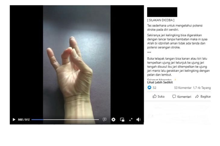 HOAKS - Beredar sebuah video yang menyebut jika cara mendeteksi stroke bisa menggunakan jari tangan.*