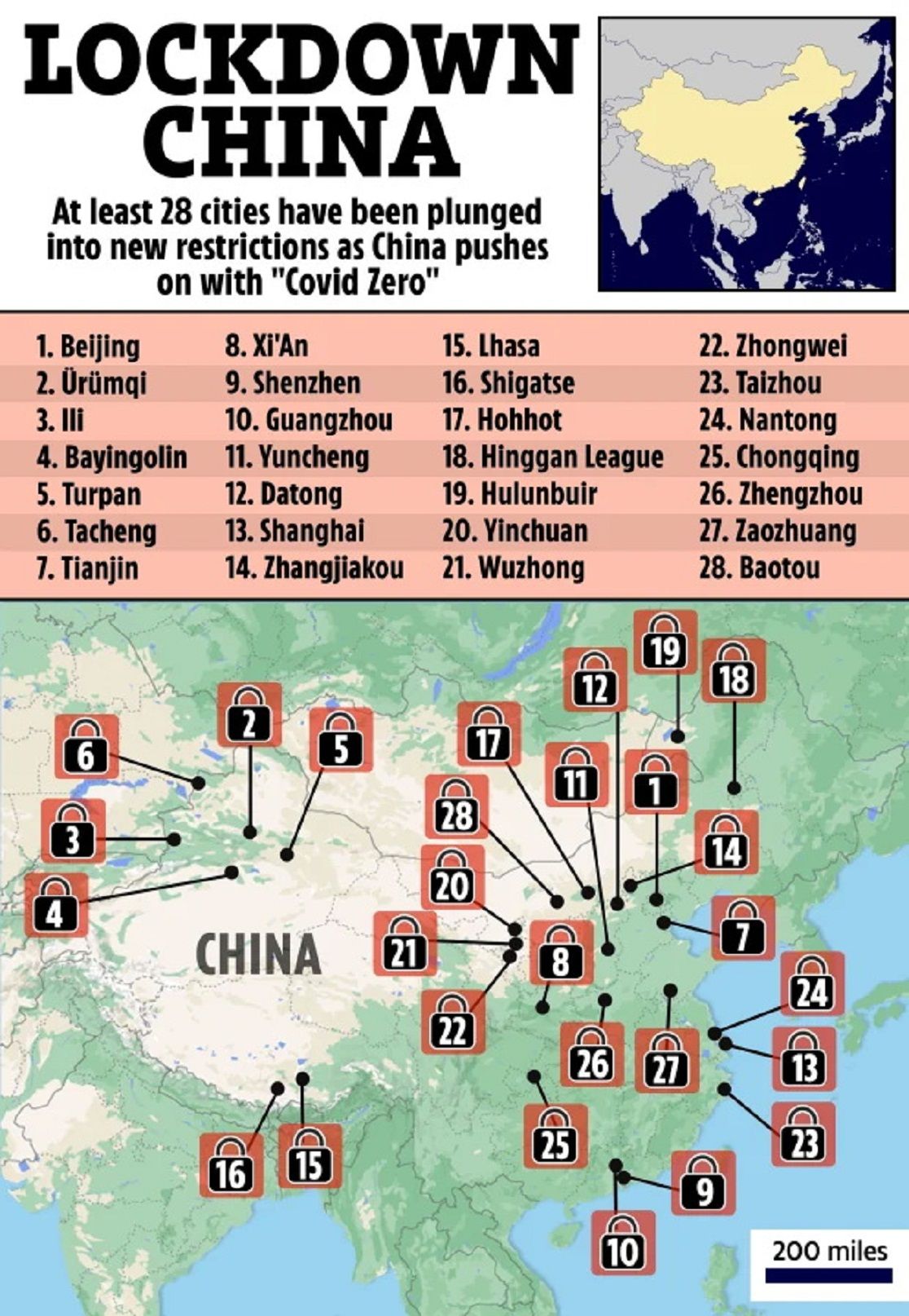 Peta yang menunjukkan lockdown di China./  