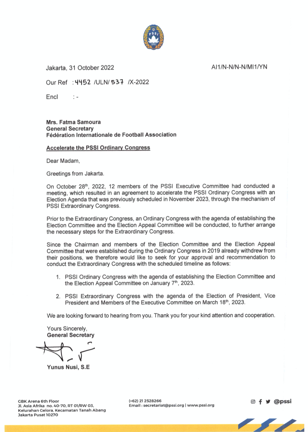 Lampiran Surat  Pemberitahuan PSSI kepada FIFA