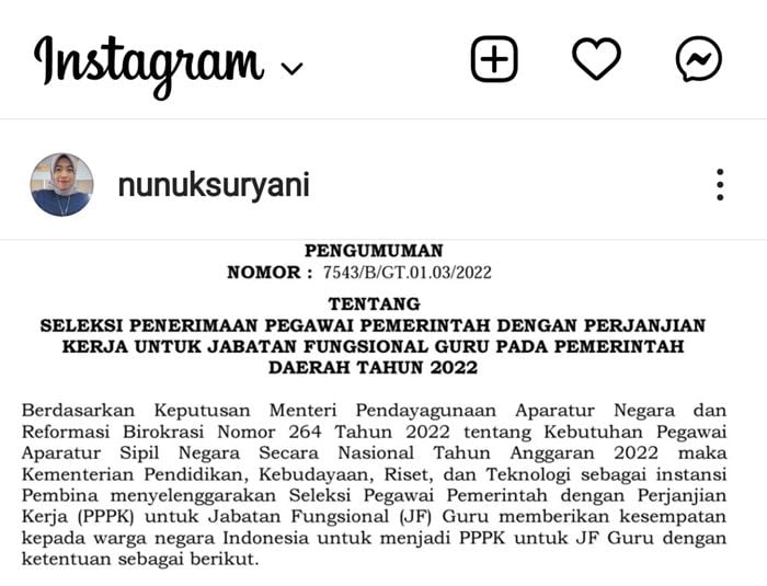 Dirjen GTK Kemendikbudristek terbitkan edaran, terkait seleksi PPPK Guru 2022./tangkapan layar Instagram @nunuksuryani./