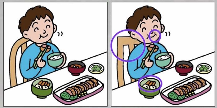 Tiga perbedaan pada gambar orang sedang makan nasi.