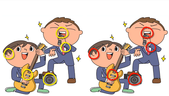 Jawaban tes IQ dalam menemukan perbedaan pada gambar pria bernyanyi. 