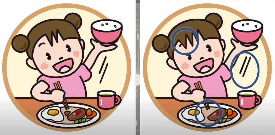 Letak tiga perbedaan pada gadis yang sedang makan.*