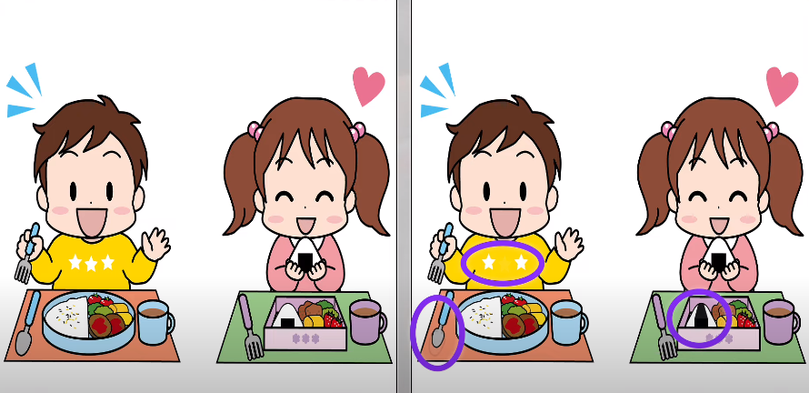 Letak tiga perbedaan pada gambar anak-anak yang sedang makan.*