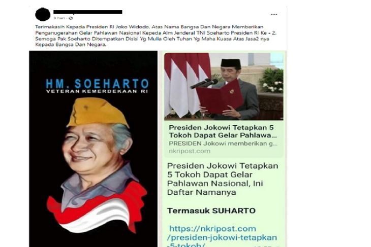 HOAKS - Beredar unggahan yang menyebut jika Presiden Indonesia kedua, Soeharto, diberi gelar pahlawan nasional.*