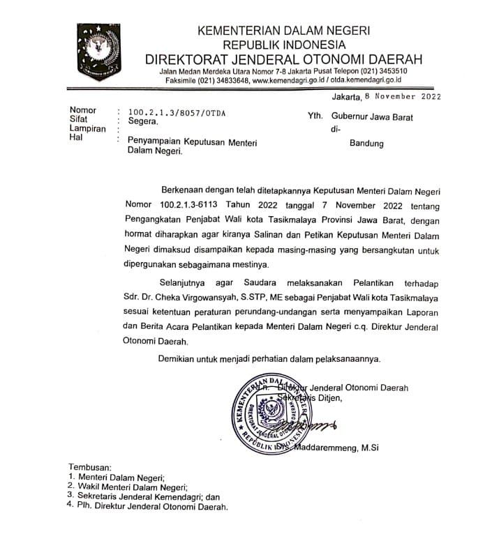 surat resmi Mendagri untuk penjabat Walikota Tasikmalaya