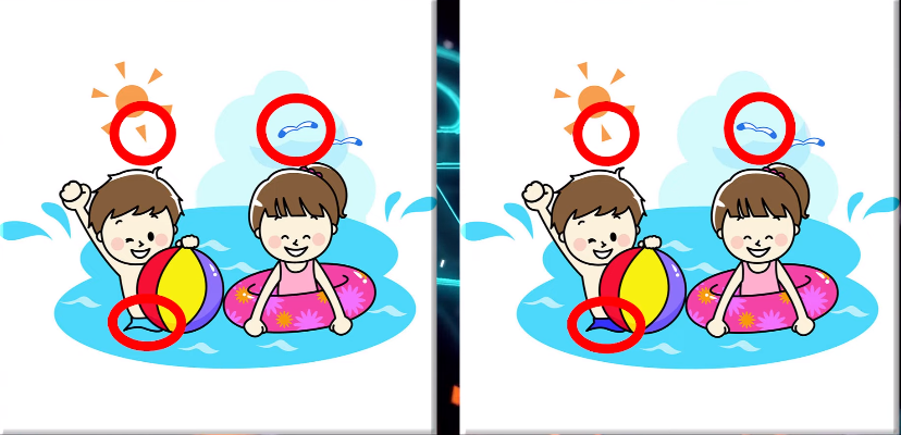 Jawaban tes IQ dalam menemukan perbedaan pada gambar anak-anak yang berenang. 
