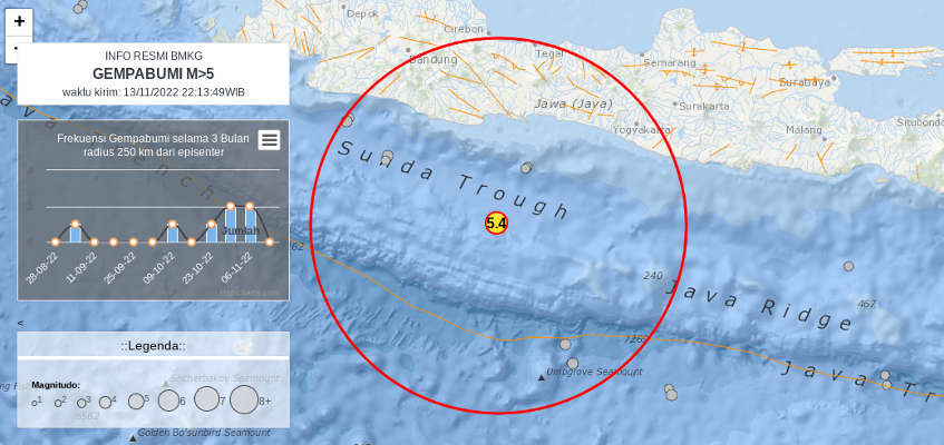 Gempa 5,4 Mag di Barat Daya Cilacap 13 November 2022 malam