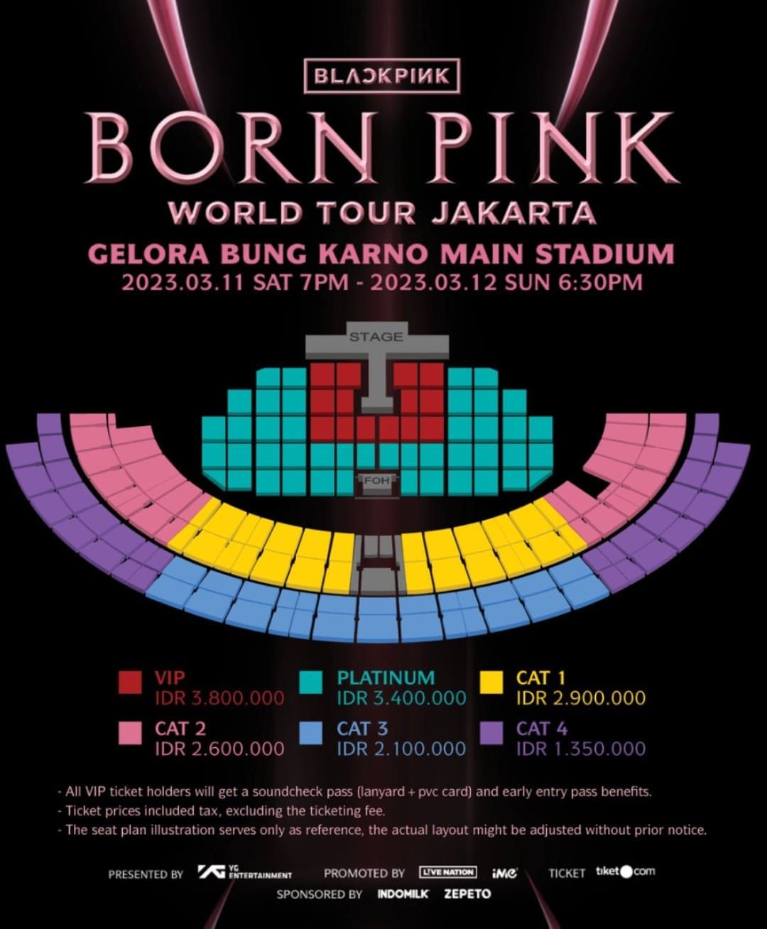 Tata letak kursi penonton dan panggung konser BLACKPINK di stadion Gelora Bung Karno, Jakarta.