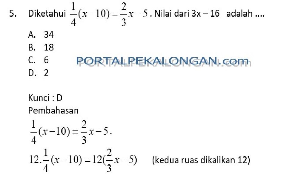 Pembahasan Latihan Soal Tes Sumatif Matematika Kelas 7 SMP MTs : PLSV ...