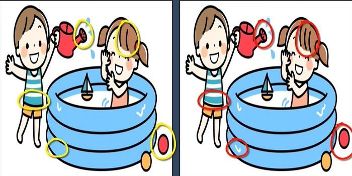 Lima perbedaan pada gambar ilustrasi anak-anak yang sedang berenang.