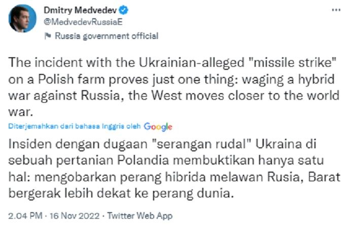 Unggahan Dmitry Medvedev soal ledakkan rudal di Polandia.