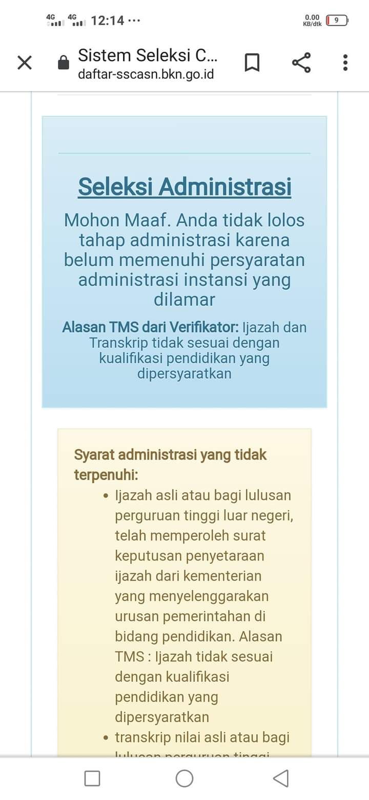 Tak Memenuhi Syarat (TMS) seleksi administrasi PPPK 2022/SSCASN